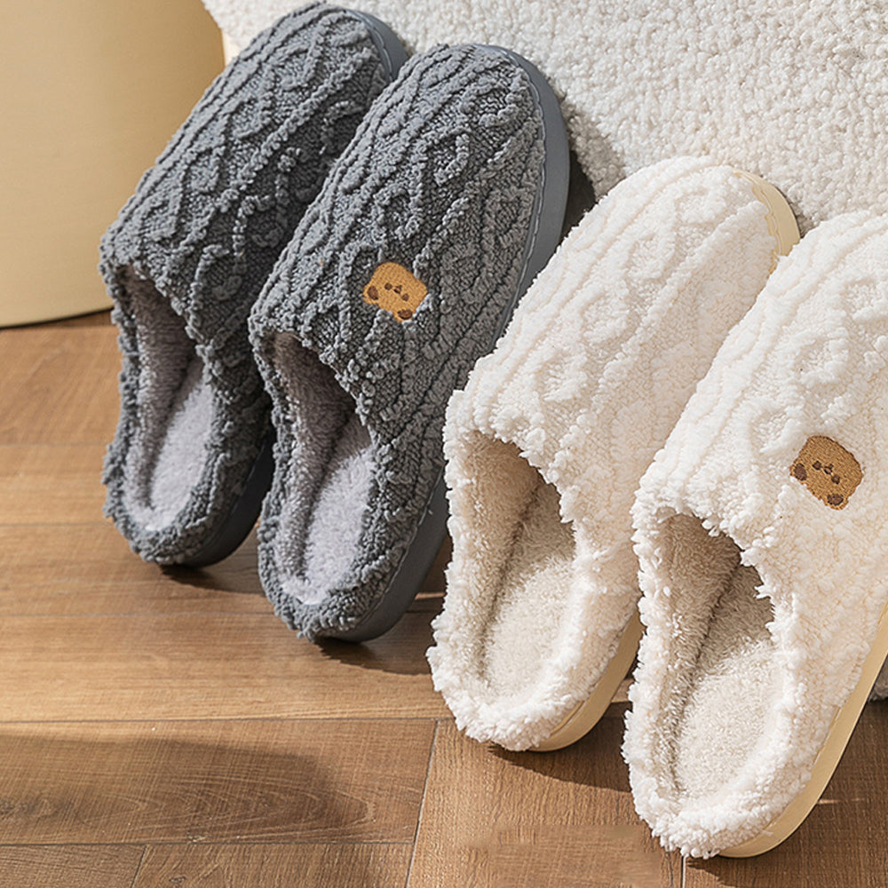 Winter Plush Slippers Soft Indoor Warm Slippers with Anti Slip Sole and Bear Design-Grey