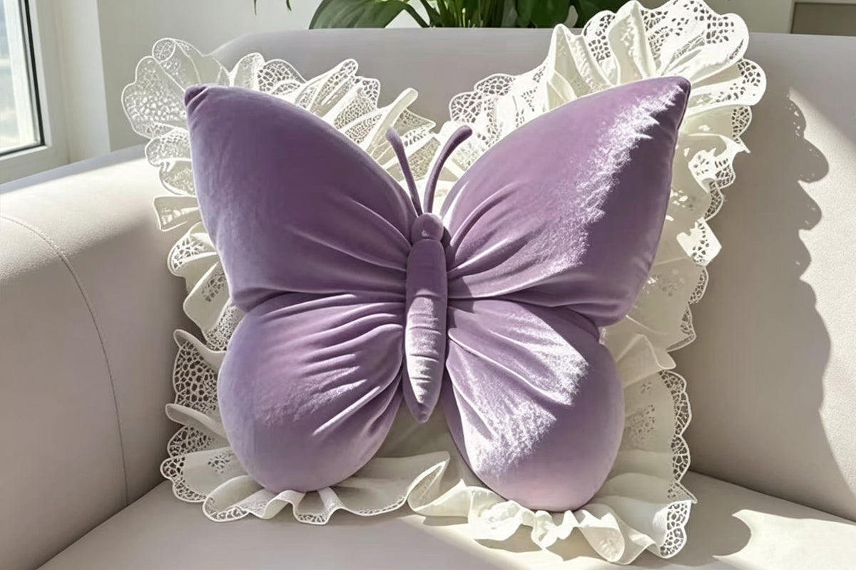Butterfly Shape Throw Pillow with Lace Ruffle Trim Decorative Cushion Home Decor Cushion Butterfly Velvet Throw Pillow