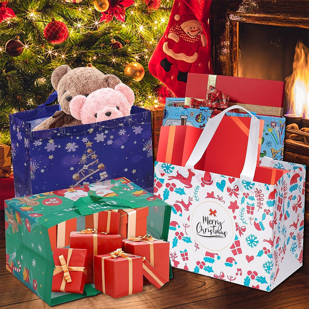 12 Pack Christmas Gift Bags Large Reusable Tote Bags Xmas Party Favors
