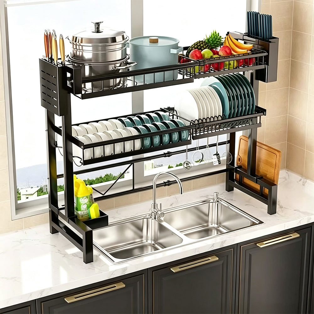 Over The Sink Dish Drying Rack Adjustable Large Capacity Stainless Steel Drainer with Cutlery Utensil Holders