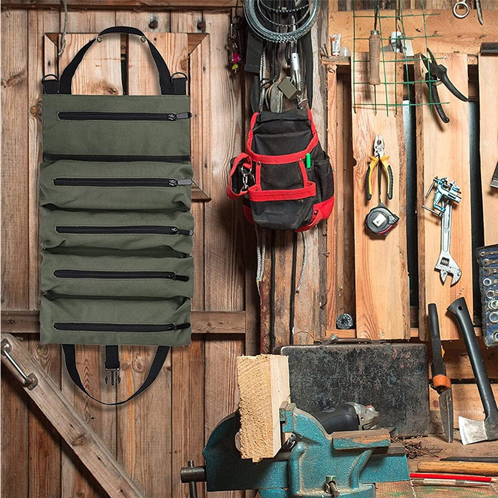 Roll Up Tool Bag Wrench Pouch Oxford Canvas Tool Organizer with 5 Zippered Pockets