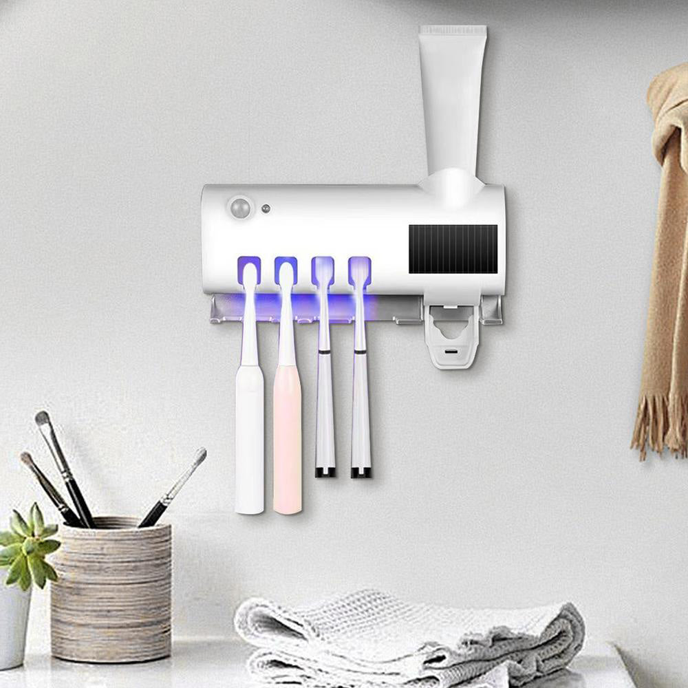 Toothbrush Holder UV Light Sterilizer Solar Powered USB Automatic Toothpaste Dispenser with 4 Toothbrush Slots