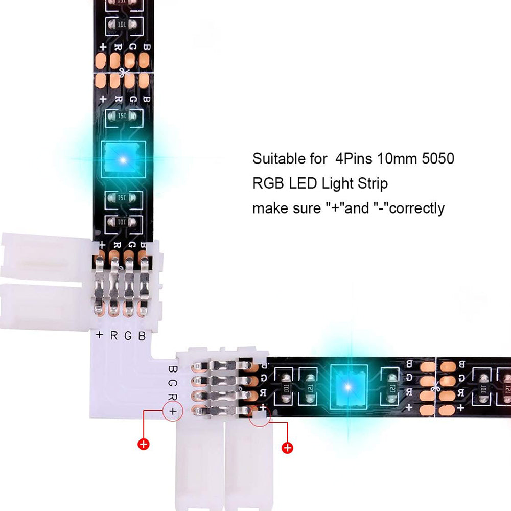 10Pcs L Shape 4-Pin 10mm LED Connectors with 20Pcs Clips for Strip Lights