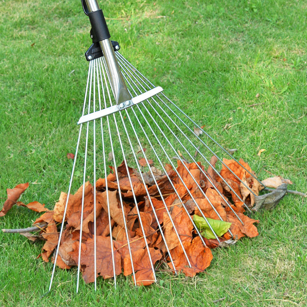 Adjustable Long Handle Metal Leaf Rake for Lawn Garden Yard Soil Loosening