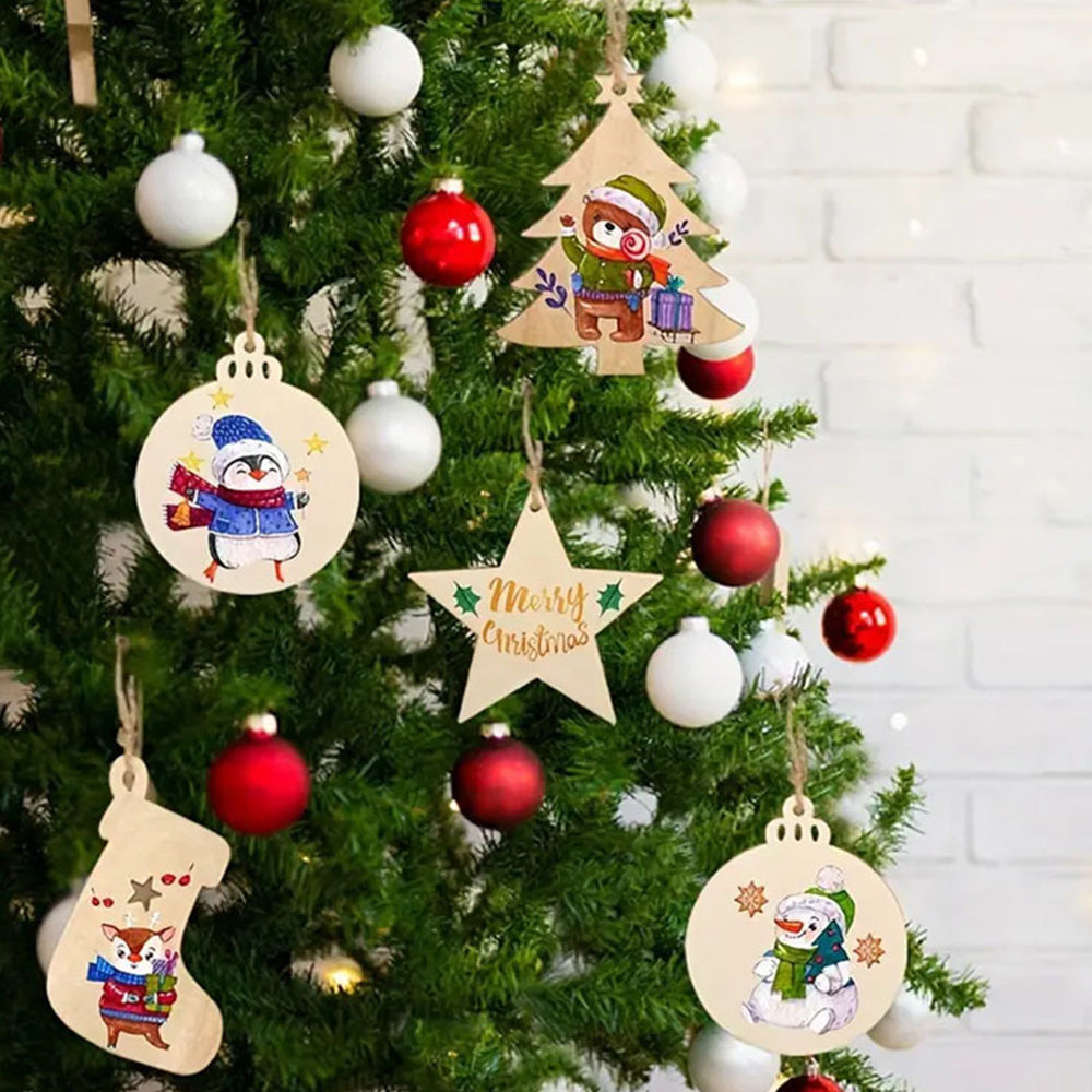 100Pcs Wooden Christmas Tree Decorations Assorted Blank Shapes for Painting