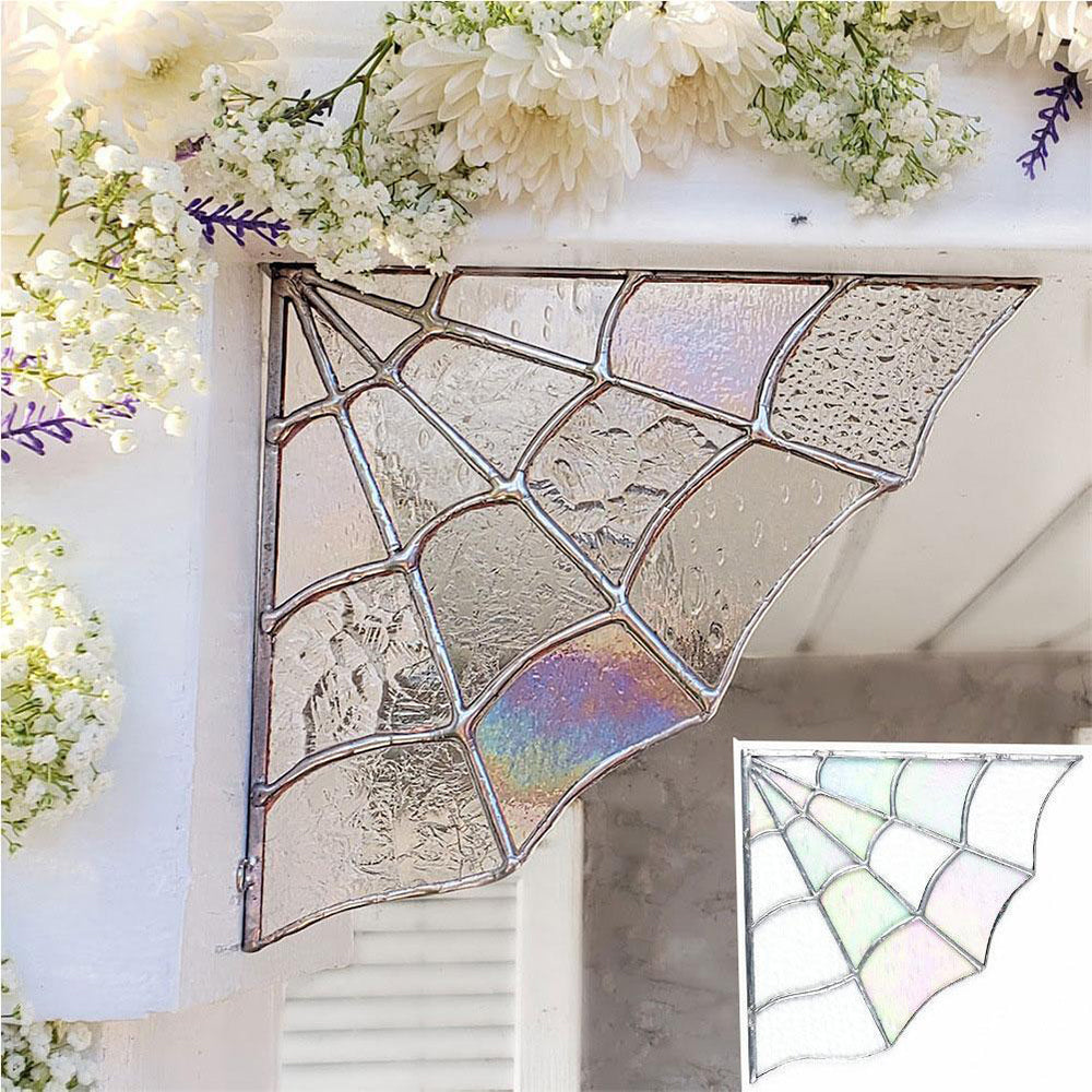 2Pcs Spiderweb Door Topper Door Frame Ornament Spider Web Stained Faux Glass Window Wall Hanging