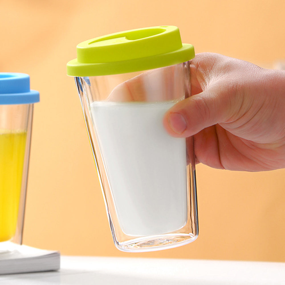 Double Walled Glass Coffee Mug Drinking Coffee Cup with Silicone Lid