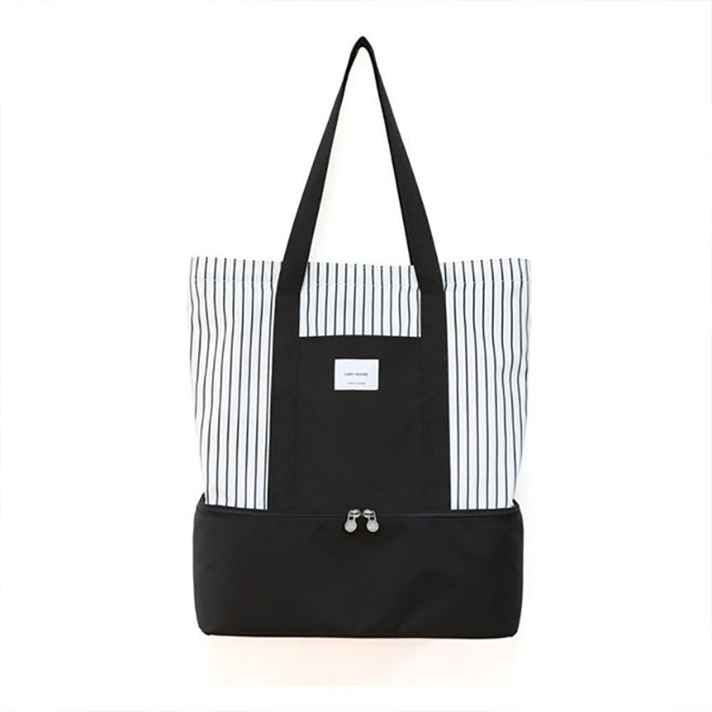 Black White Striped Double Layer Insulated Lunch Bag for Outdoor