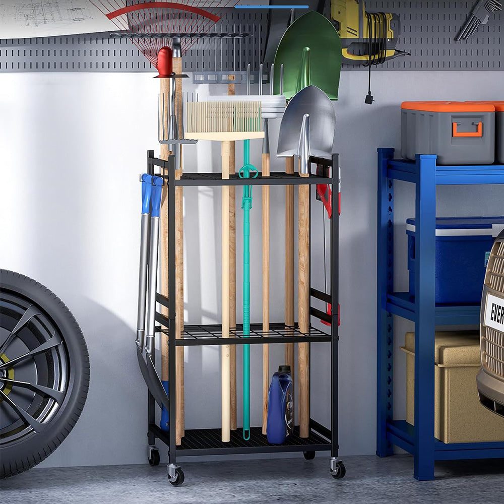 Garden Tool Organizer with Wheels Steel Rack Stand Heavy Duty Holds 35 Tools