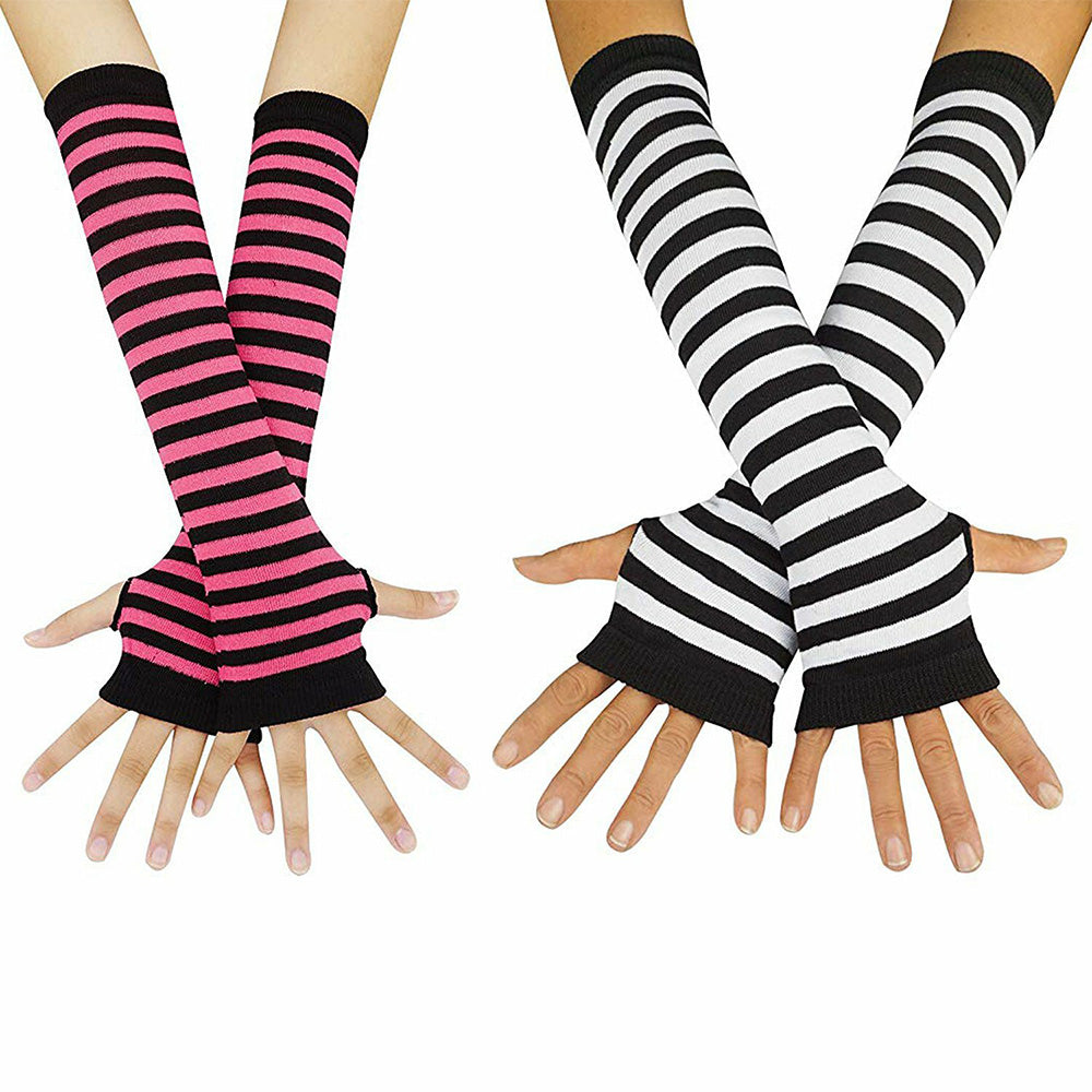 3 Pairs Women Fingerless Arm Warmers Striped Knit Winter Gloves