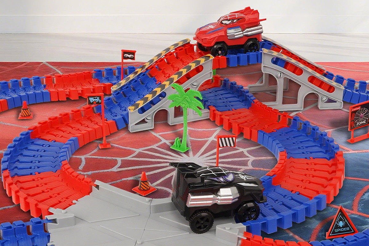 212Pcs Set Spider Toys for Boys Spider Race Track with 2 Cars Birthday Gifts