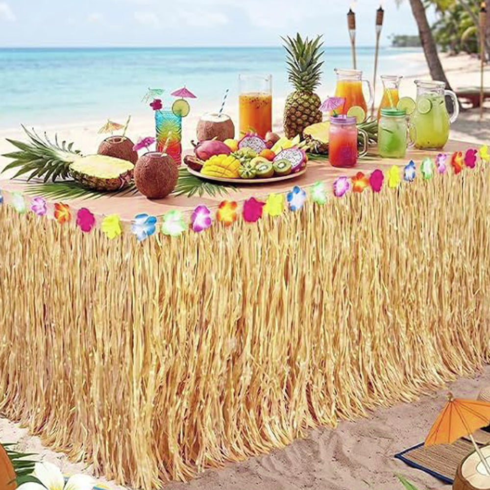 300x75cm Straw Color Tassel Table Skirt for Hawaiian Beach Parties