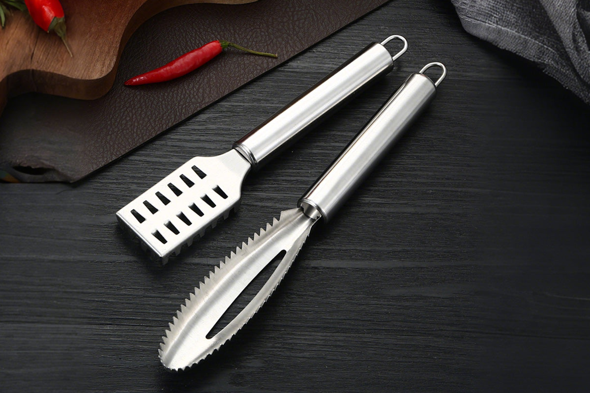 2Pcs Stainless Steel Fish Scaler Brush Scale Scraper Skin Remover Kitchen Seafood Clean Tool