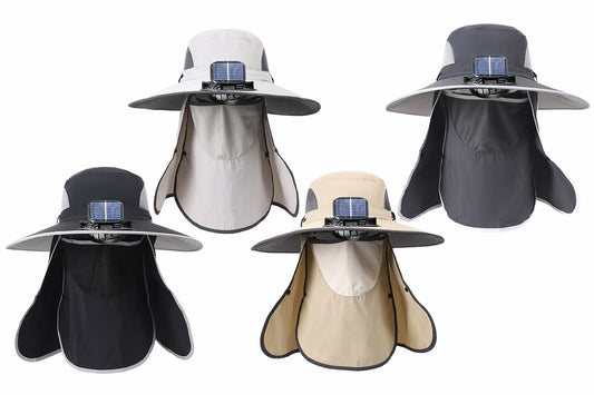 Wide Brim Solar Cooling Fan Hat Outdoor Breathable Mesh Face Cover Neck Shade