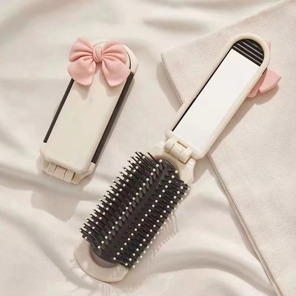 2Pcs Folding Hair Brush with Detachable Makeup Mirror Portable for Travel Student Office