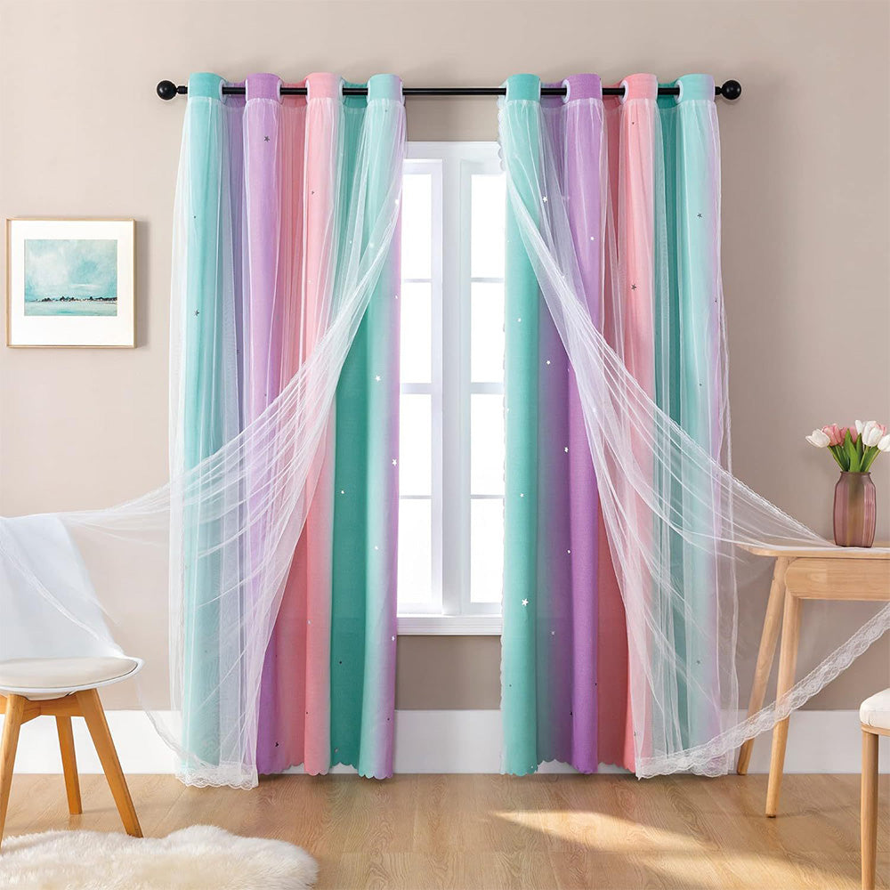 Colorful Double-Layer Blackout Curtain for Bedroom Decor with Laser-Cut Star Design