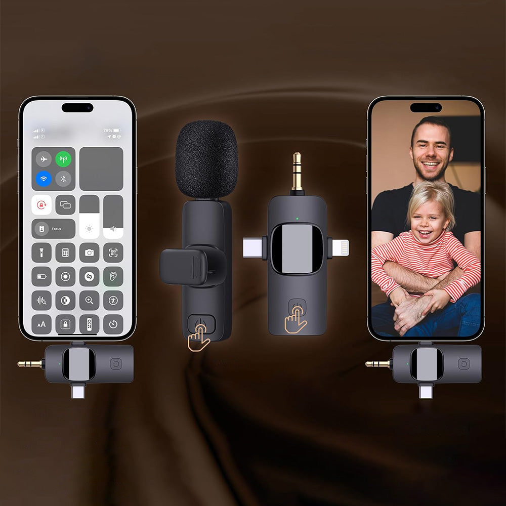 3 in1 Dual Wireless Microphone Lavalier Microphone for Android iPhone Camera Vlog Live