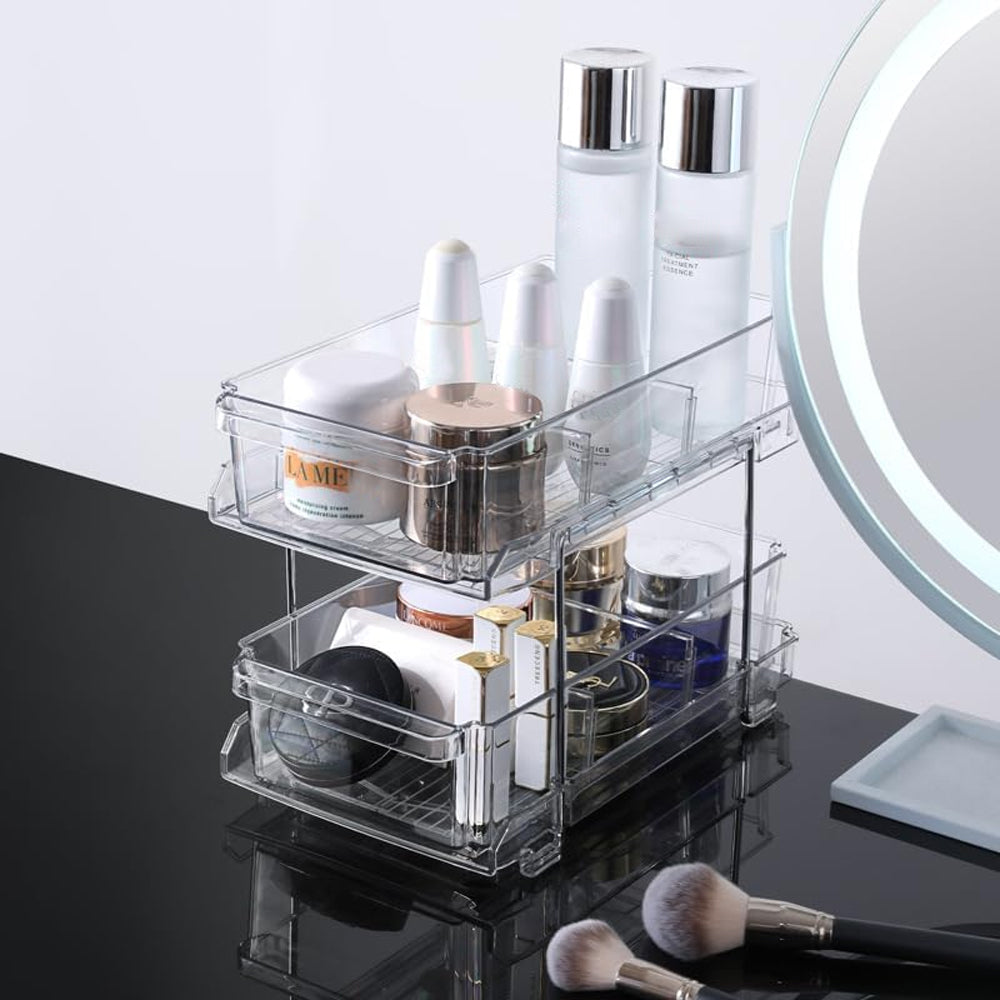 2 Tier Bathroom Storage Organizer with Dividers Makeup Desktop Storage Rack