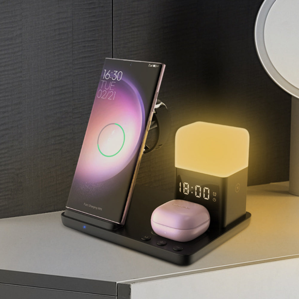 6-in-1 Wireless Charger with Alarm Clock and Night Light for Smartphone/Watch/Earbuds