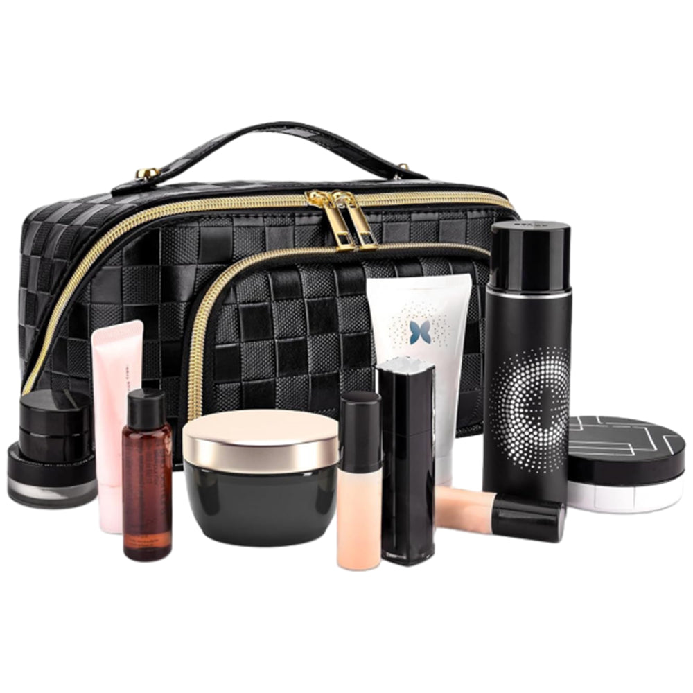 Large Capacity PU Leather Water-Resistant Checkered Cosmetic Bag Travel Makeup Bag