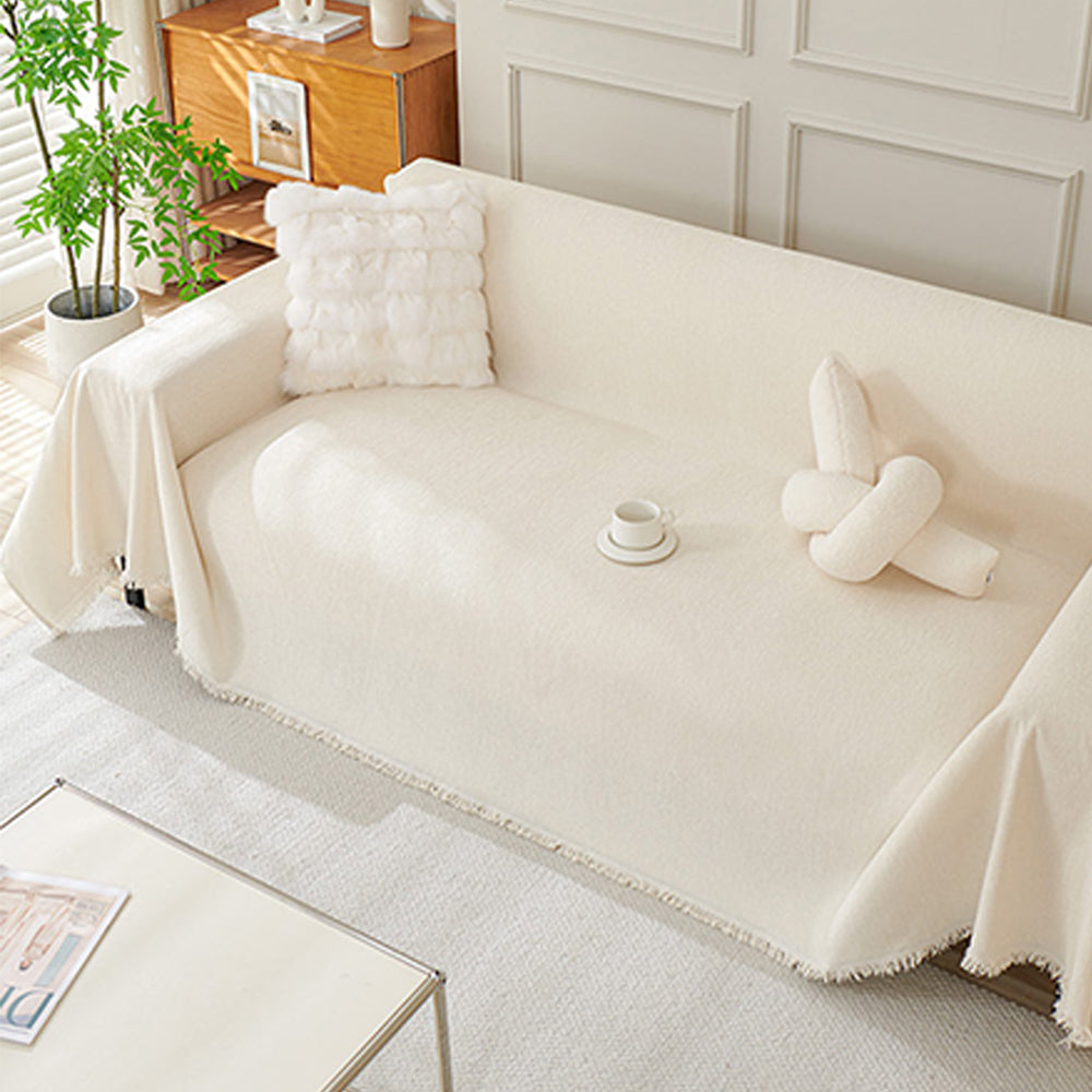 Chenille Sofa Slipcover Washable Couch Cover Sofa Dogs Furniture Protector with Tassels-Beige