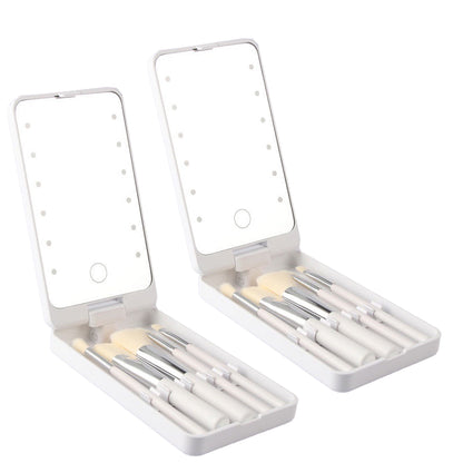 2Pcs Compact LED Makeup Mirror with Cosmetic Brush and Holder