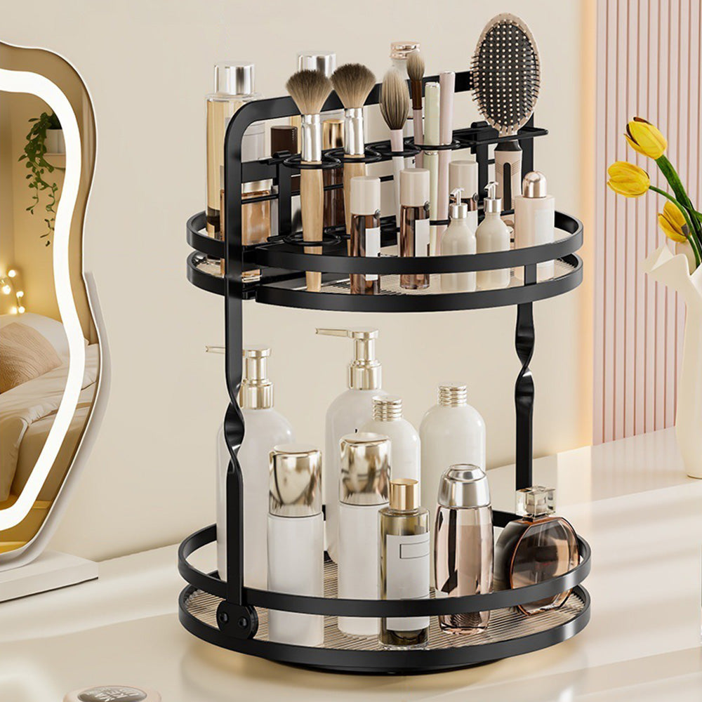 Rotating Makeup Organizer Double Layer with Brush Holder for Skincare Perfume