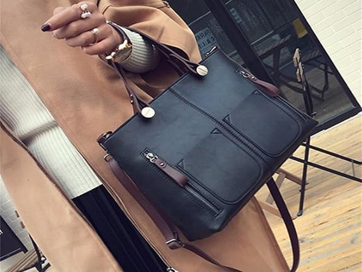 Vintage Leather-Look Tote Handbag Crossbody Briefcase