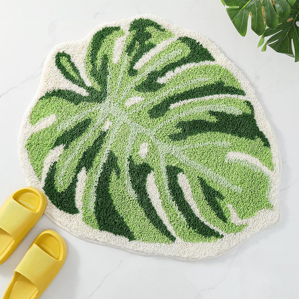 Faux Sherpa Bathroom Mat Monstera Leaf Design Non Slip Washable Rug for Bathroom Floor
