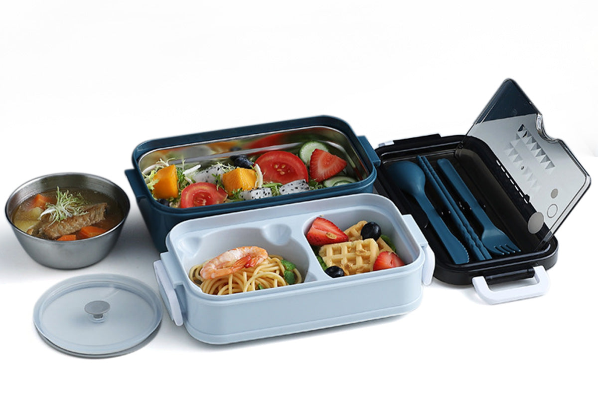 Bento Box Stackable 3-Compartment Lunch Containers With Dinnerware And Seal Cover