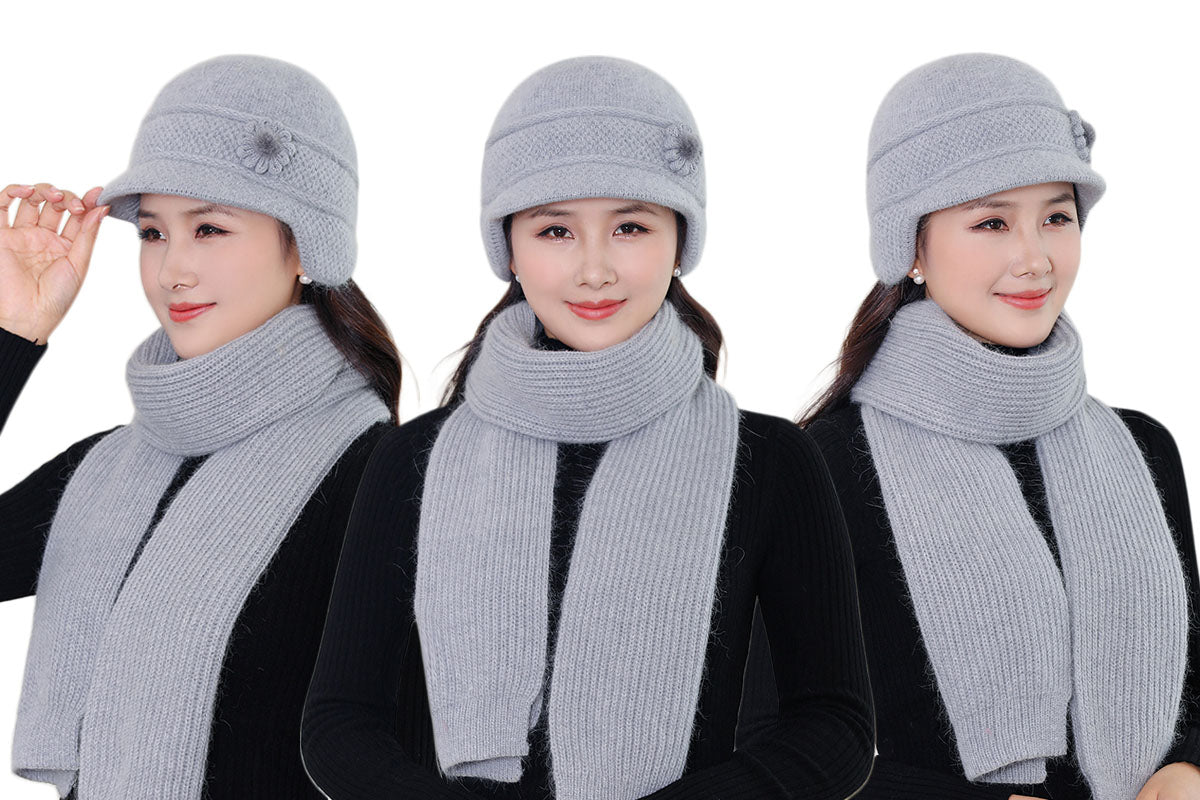 Winter Warm Earflap Hat Scarf Set for Elderly & Middle-Aged Ladies Women