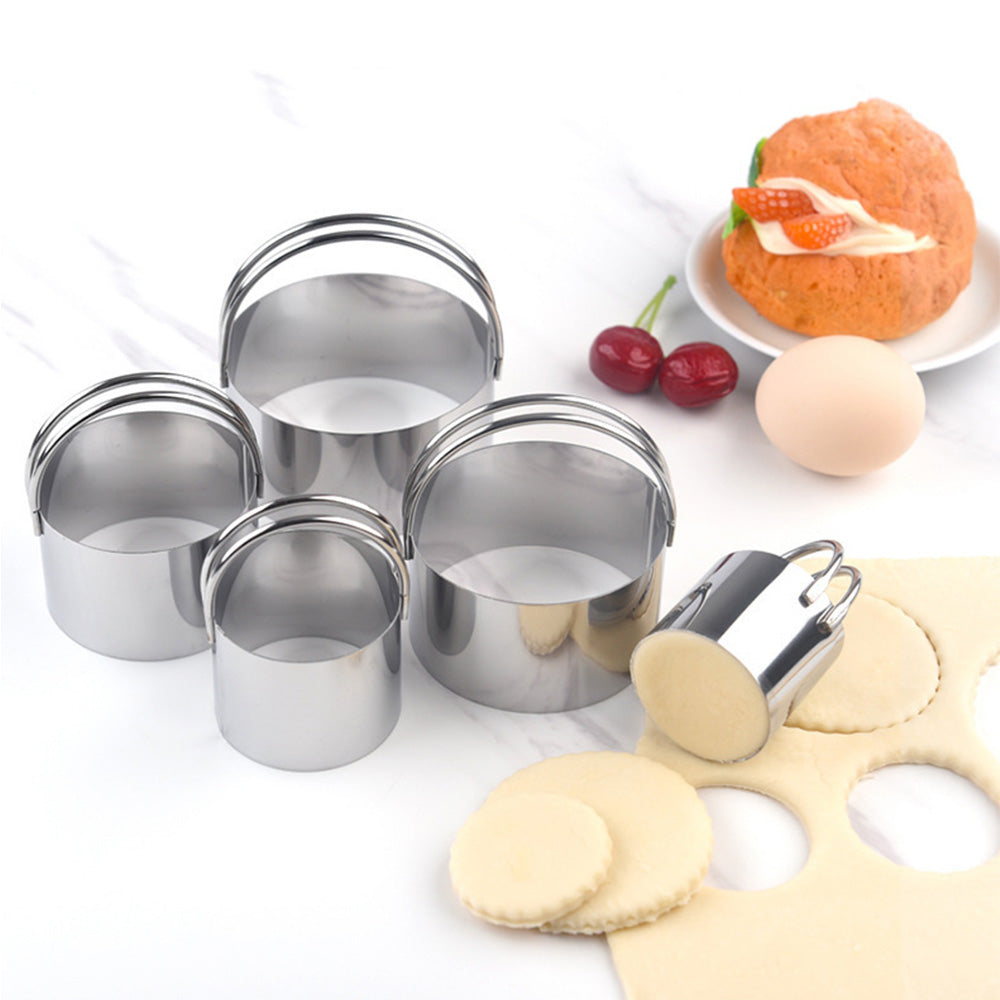 5 Pieces Stainless Steel Round Cookie Cutters with Handle Cake Baking Dough Tools