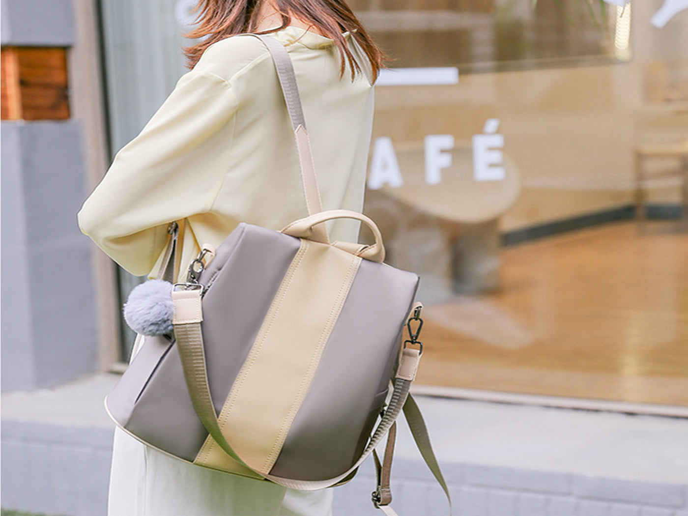 2-in-1 Backpack Shoulder Bag with Pom Pom