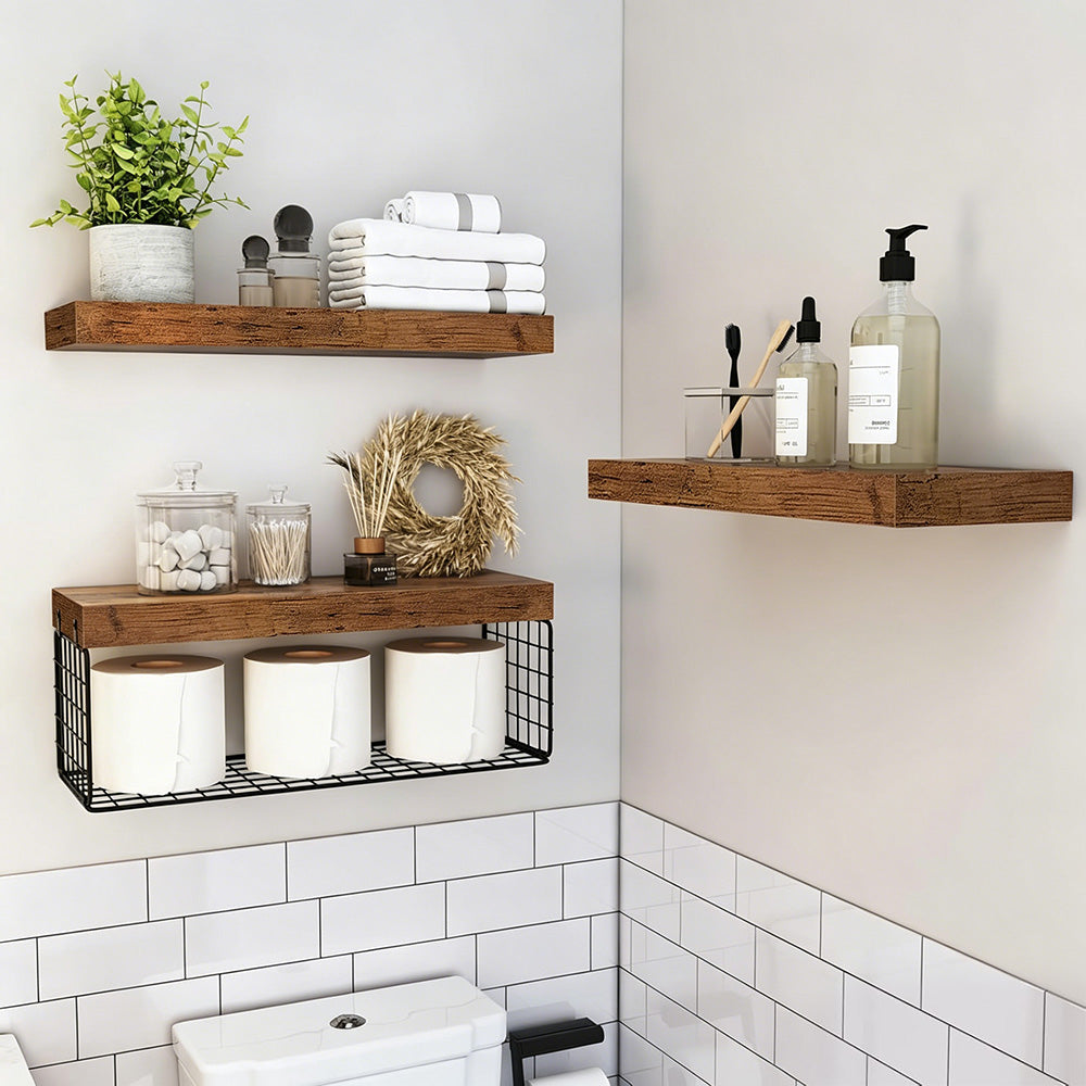 3 Tier Bathroom Shelf Wall Mounted Floating Shelf with Storage Basket