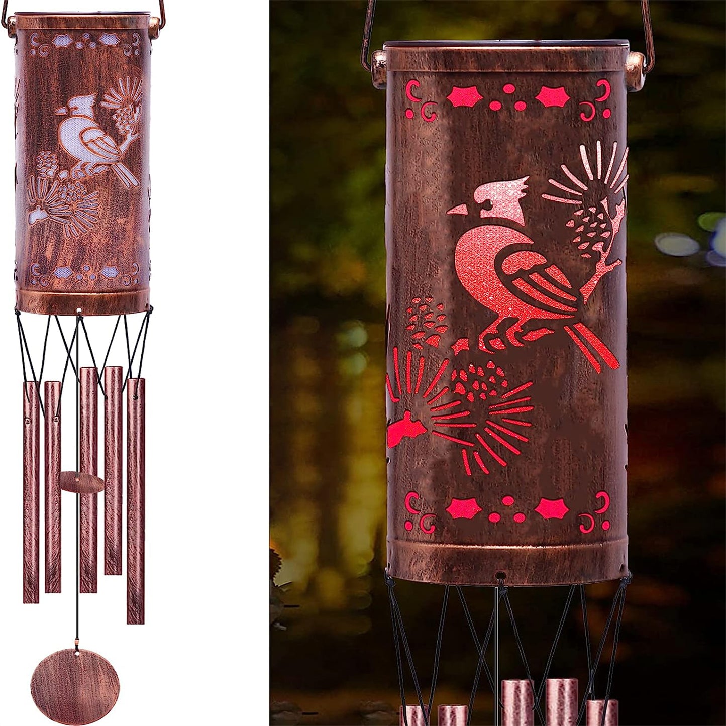 Outdoor Hollowed Out Metal Solar Wind Chimes Hanging Lights-Bird