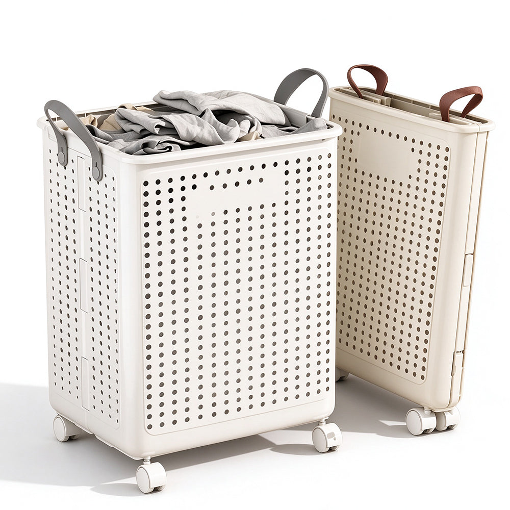 Folding Laundry Basket with Wheel Large Capacity Collapsible Clothes Storage Bin-Beige