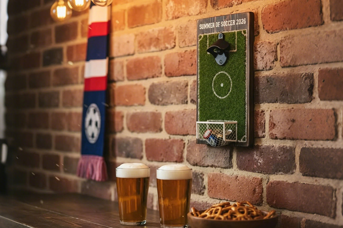 Soccer Field Wall Mounted Bottle Opener with Goal Net Cap Catcher Football Themed Beer Cap Opener