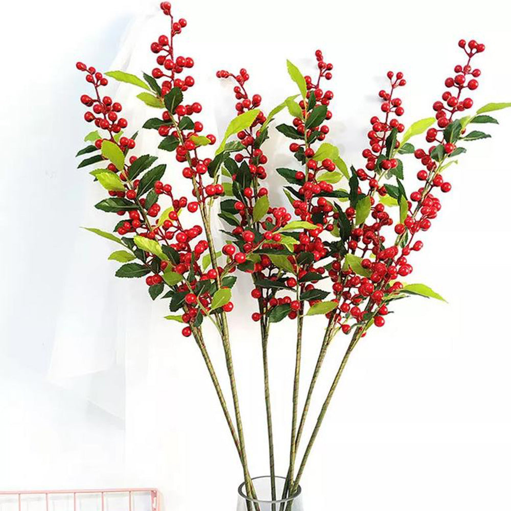 3Pcs 67cm Christmas Red Berry Holly Branch Pine Cone Artificial Flower Xmas Decor