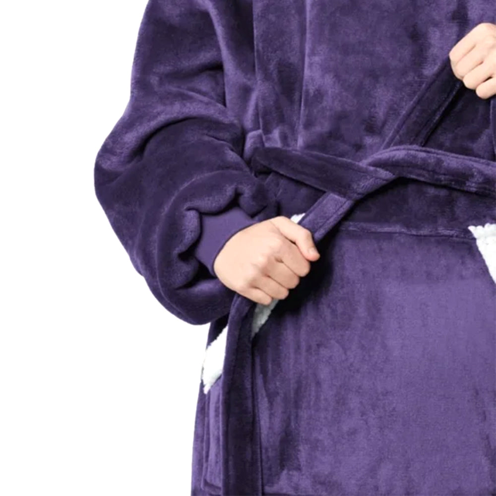 Fleece Long Blanket Hoodie with Giant Pocket and Belt Wearable Hooded Blanket