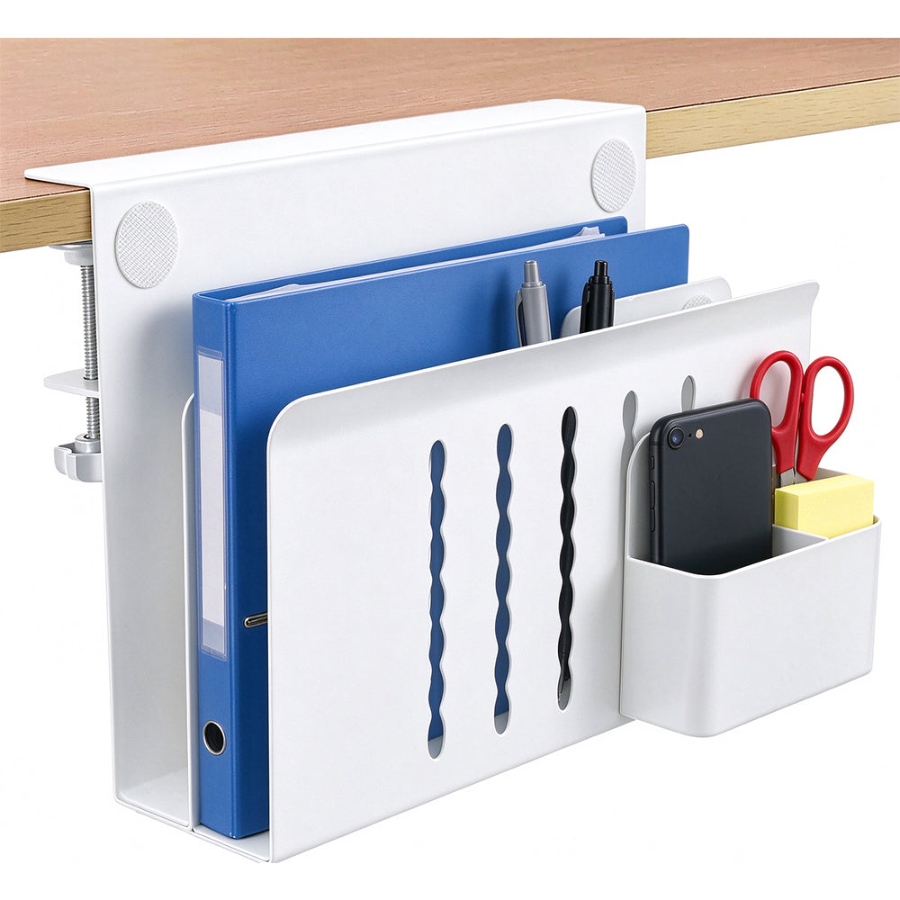 No Drill Dual Slot Carbon Steel Laptop Storage Stand with Pen Holder