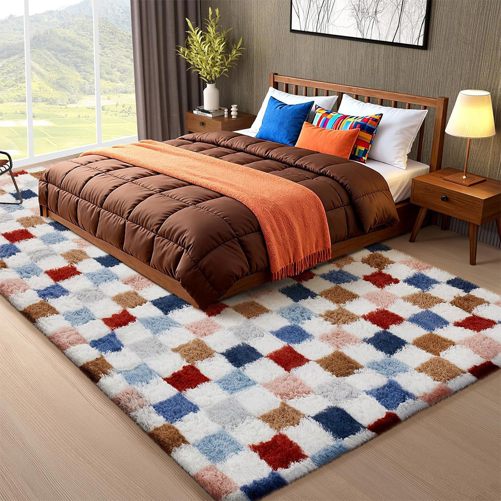 Soft Plush Shaggy Rug Checkered Thickened Non Slip Carpet for Living Room Bedroom