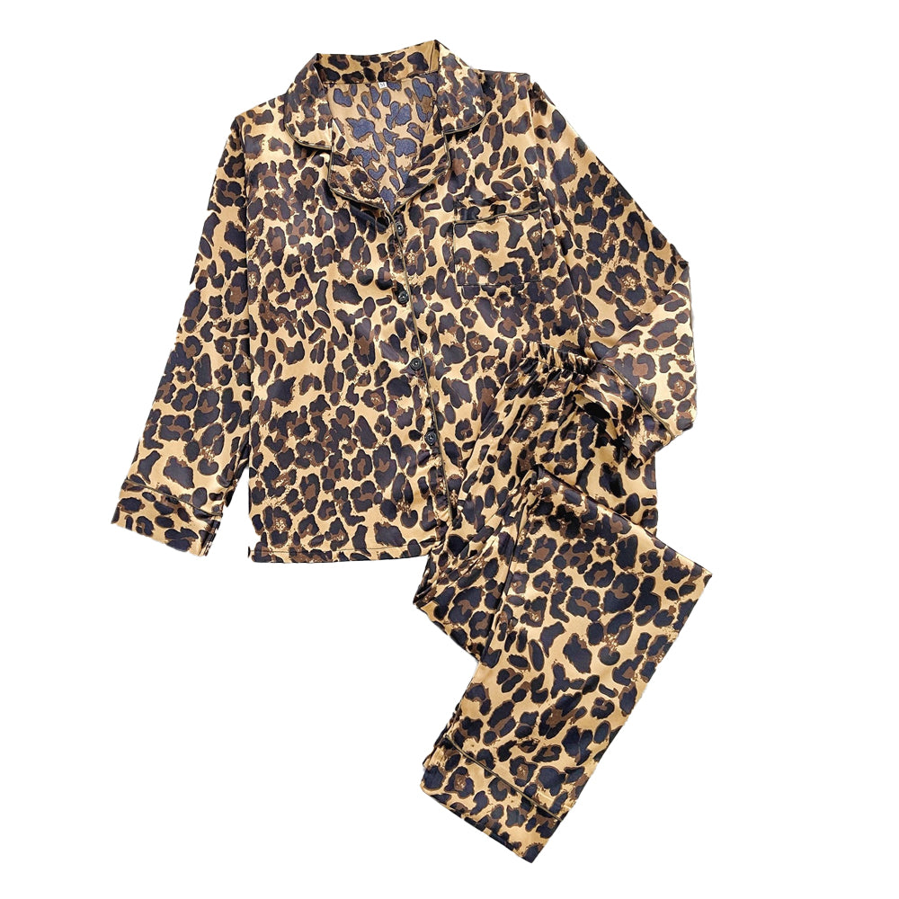 Print Satin Pyjamas Set-Brown Leopard
