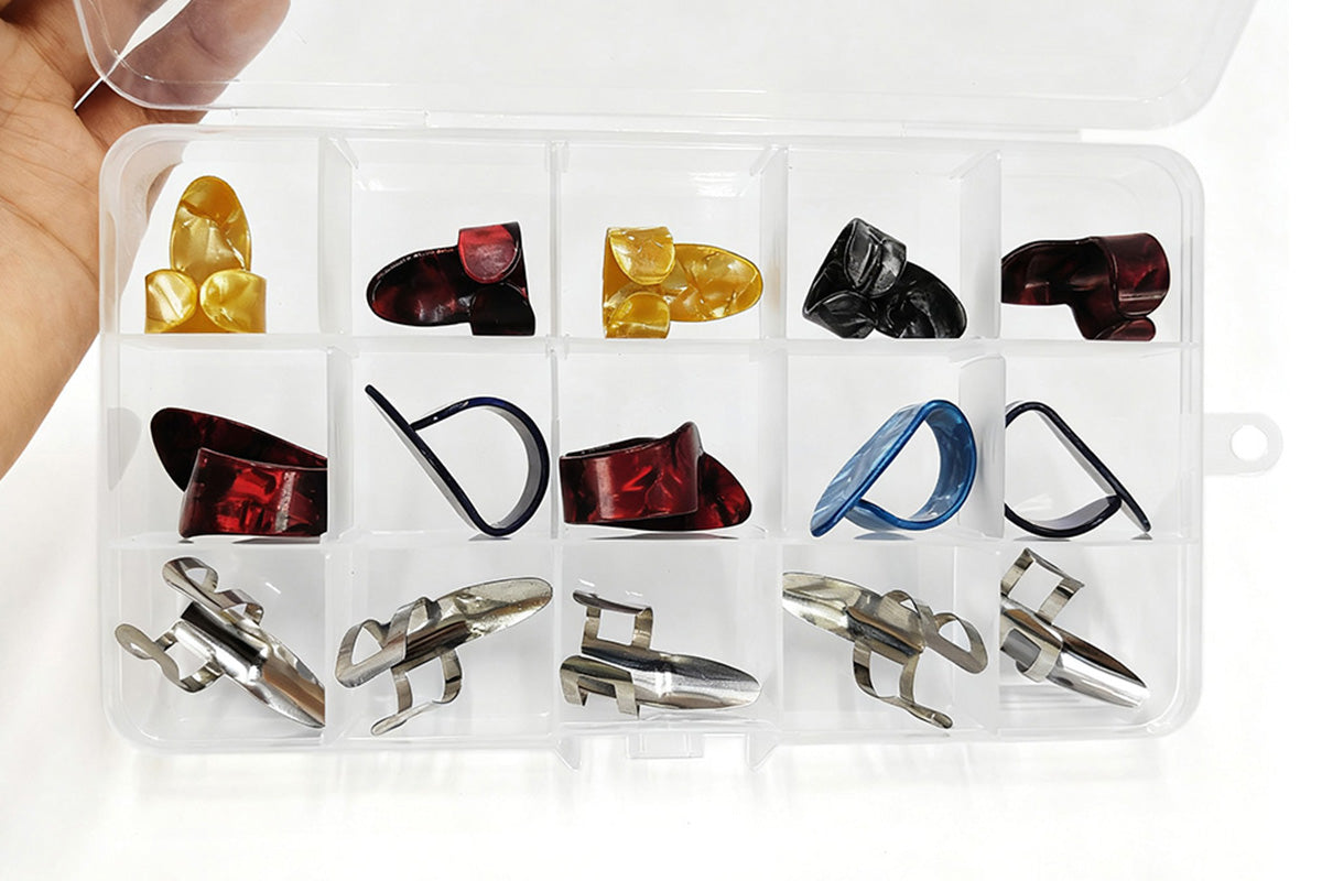 15PCS Finger Pick Set Guitar Picks With 15 Grid Case Storage Box
