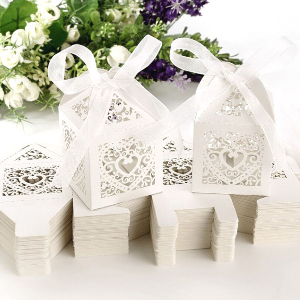 50 Pack Laser Cut Pearl Paper Candy Favor Boxes with Ribbons