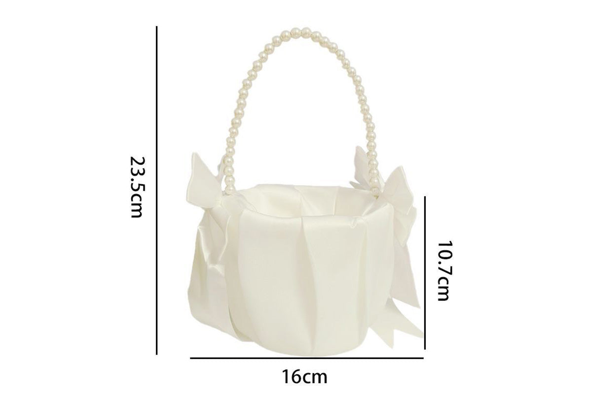 Wedding Flower Girl Basket with Pearl Handle Bowknot Satin Ribbon
