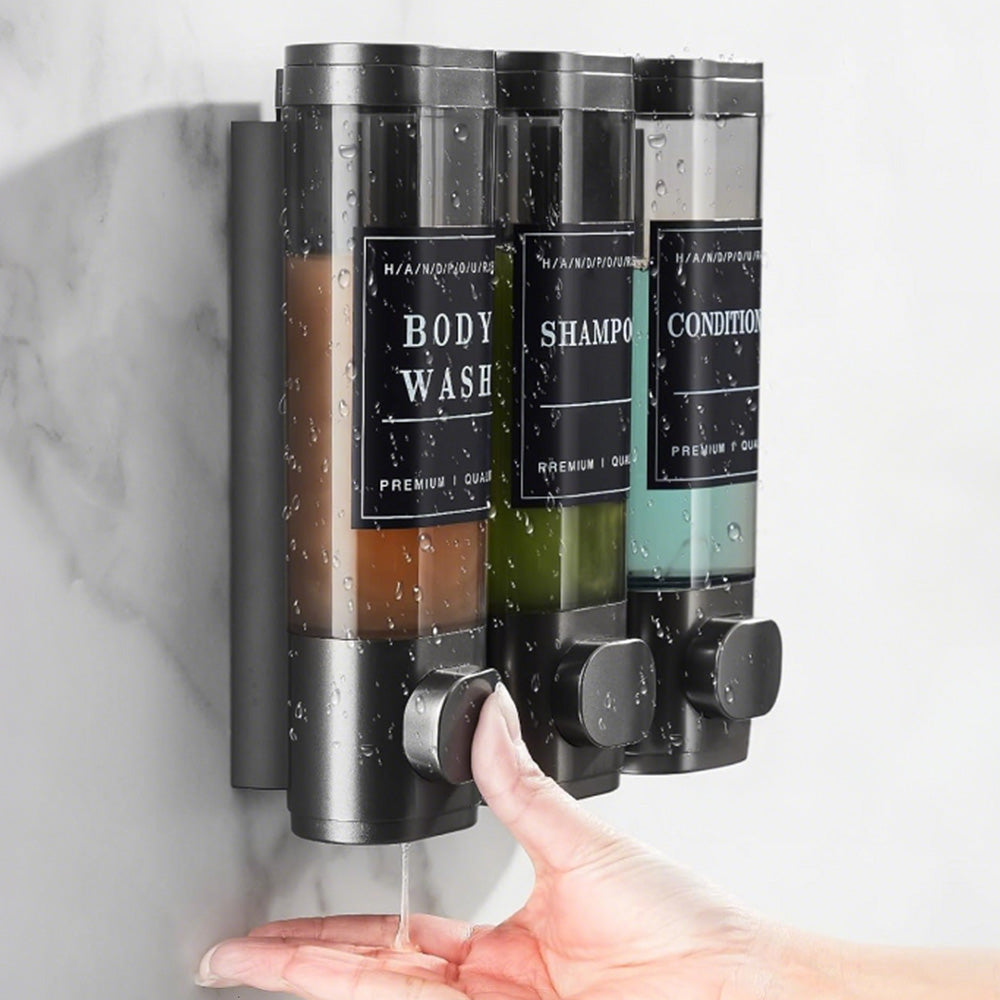 No-Drill Wall-Mounted Triple Soap Dispenser for Bathroom Shampoo Conditioner & Body Wash