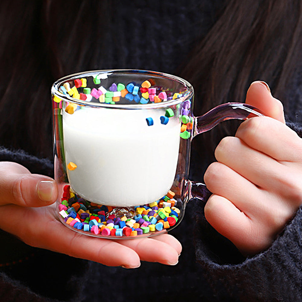 Double Wall Glass Cup with Colorful Love Granule Fillings