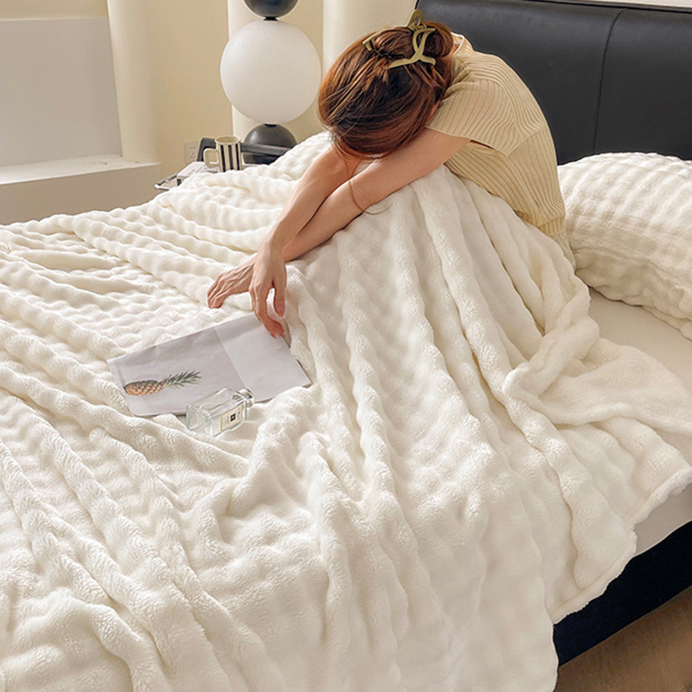 Bubble Fleece Blanket Soft Textured Throw for Sofa Bed Home Decor-White