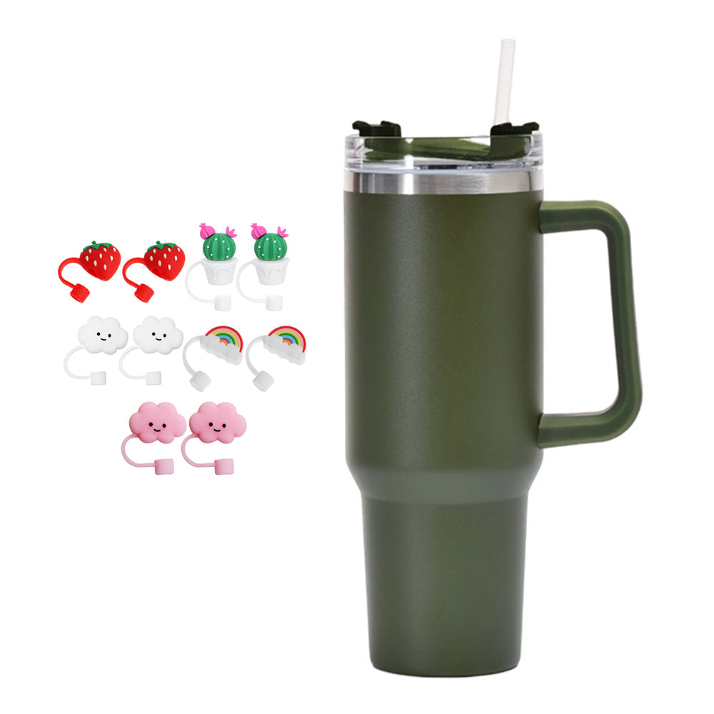 40oz Stainless Steel Water Tumbler with 10Pcs Cute Silicone Straw Caps For Stanley  Cup