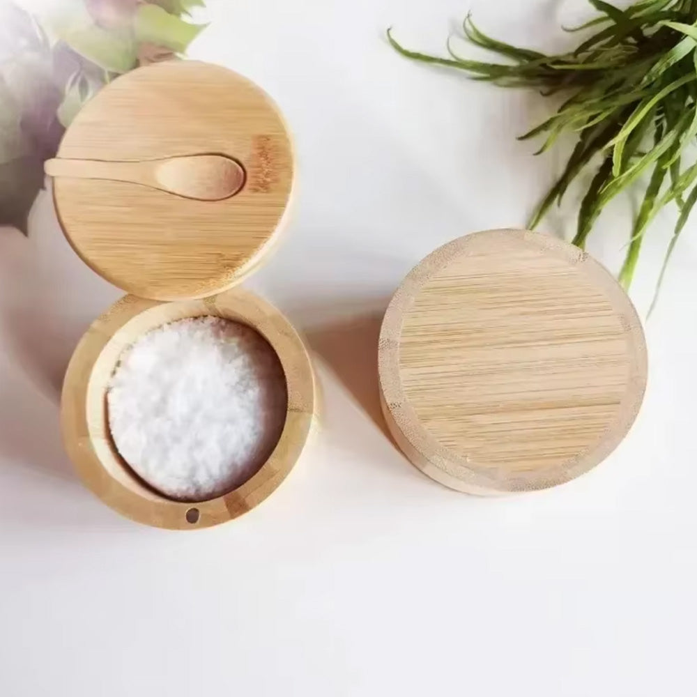 Kitchen Bamboo Salt Cellar with Swivel Lid  for Salt Pepper Sugar Herbs Spice with Spoon